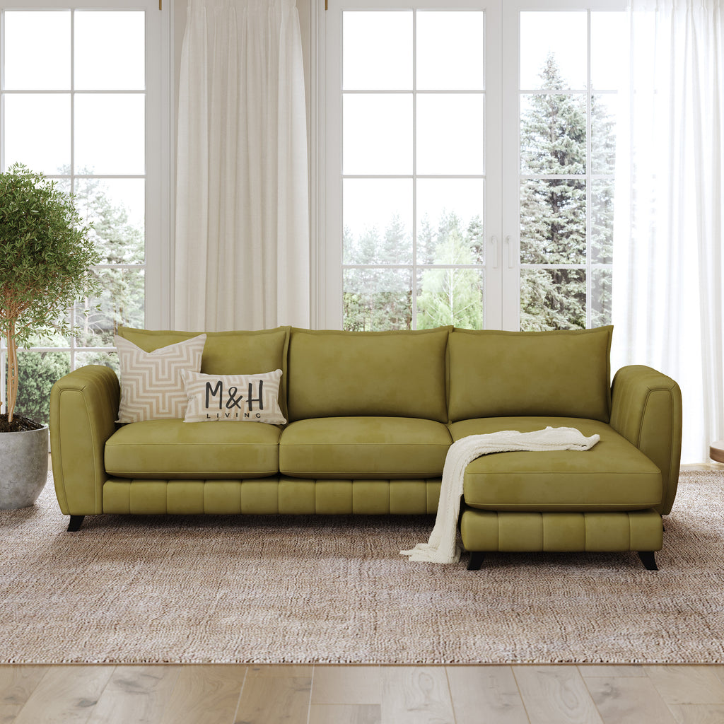 Hazel L Shape Sofa shown in plush velvet, front view in a living room