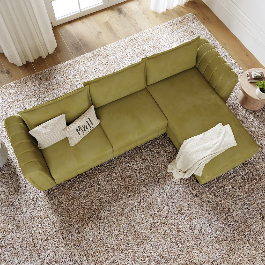 Hazel L Shape Sofa shown in plush velvet, overhead view in a living room