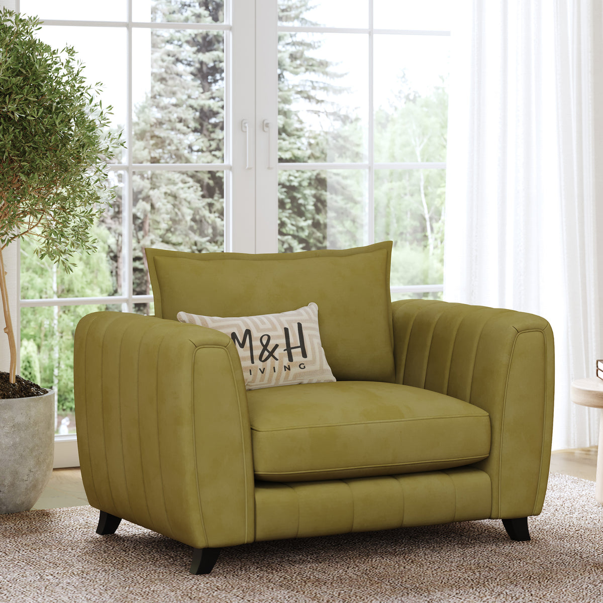 Hazel Loveseat Sofa shown in plush velvet, angled view in a living room
