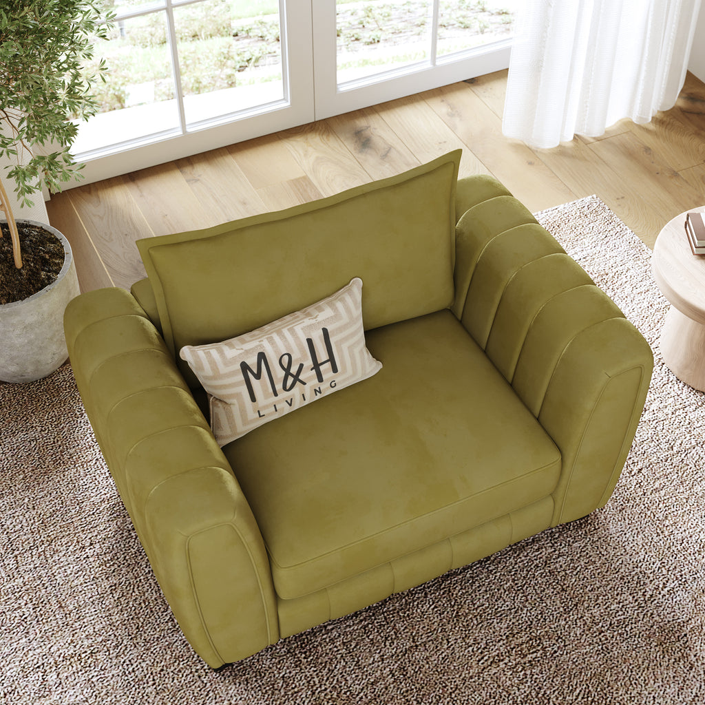 Hazel Loveseat Sofa shown in plush velvet, overhead view in a living room
