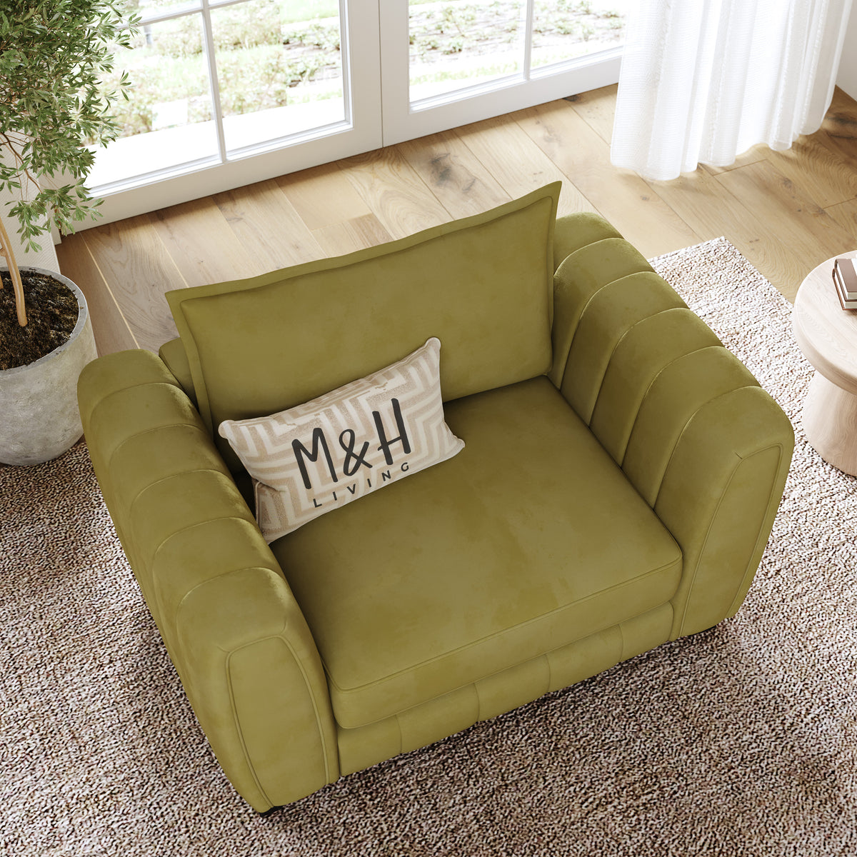 Hazel Loveseat Sofa shown in plush velvet, overhead view in a living room