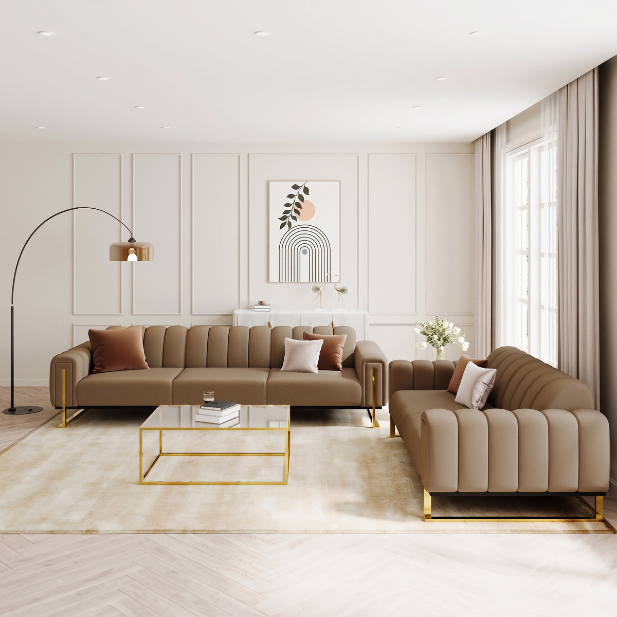 Majestic 3 + 2 Seaters Sofa Set shown in tan, front view in a living room