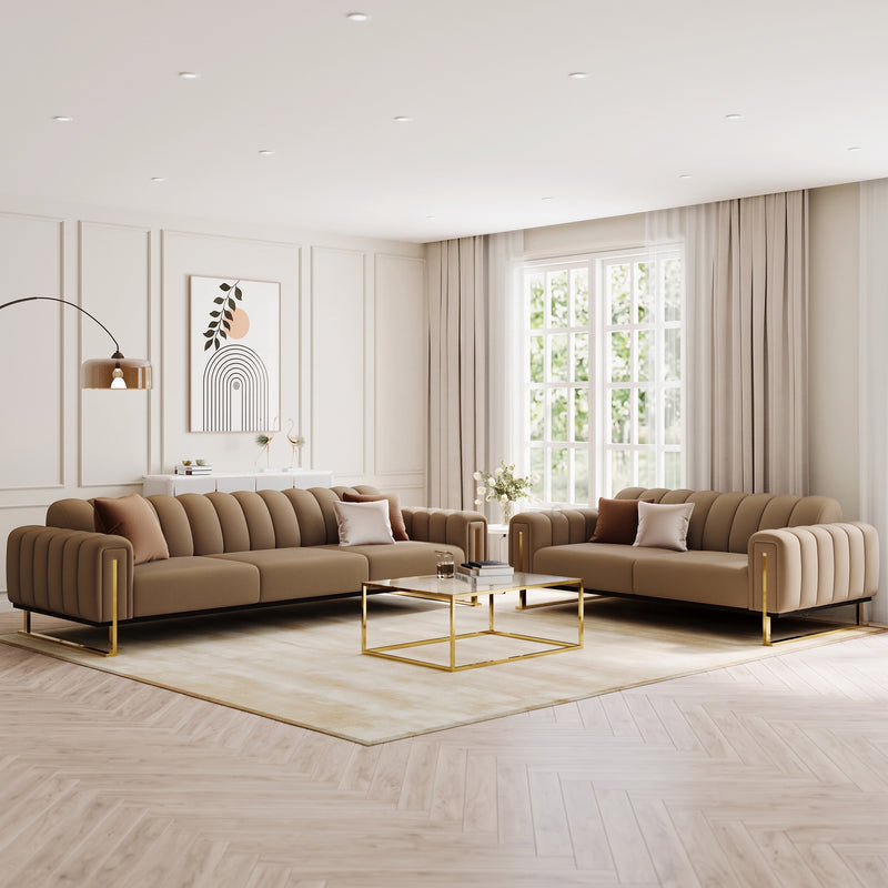 Majestic 3 + 2 Seaters Sofa Set shown in tan, angled view in a living room