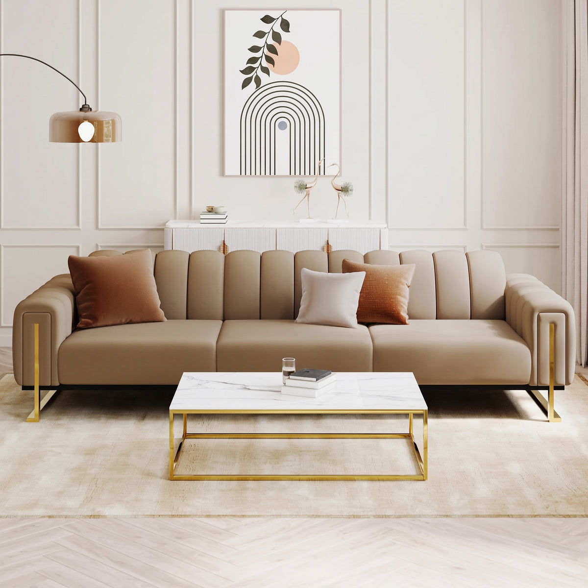Majestic 3 Seater Sofa from the 3 + 2 set shown in tan, front view in a living room