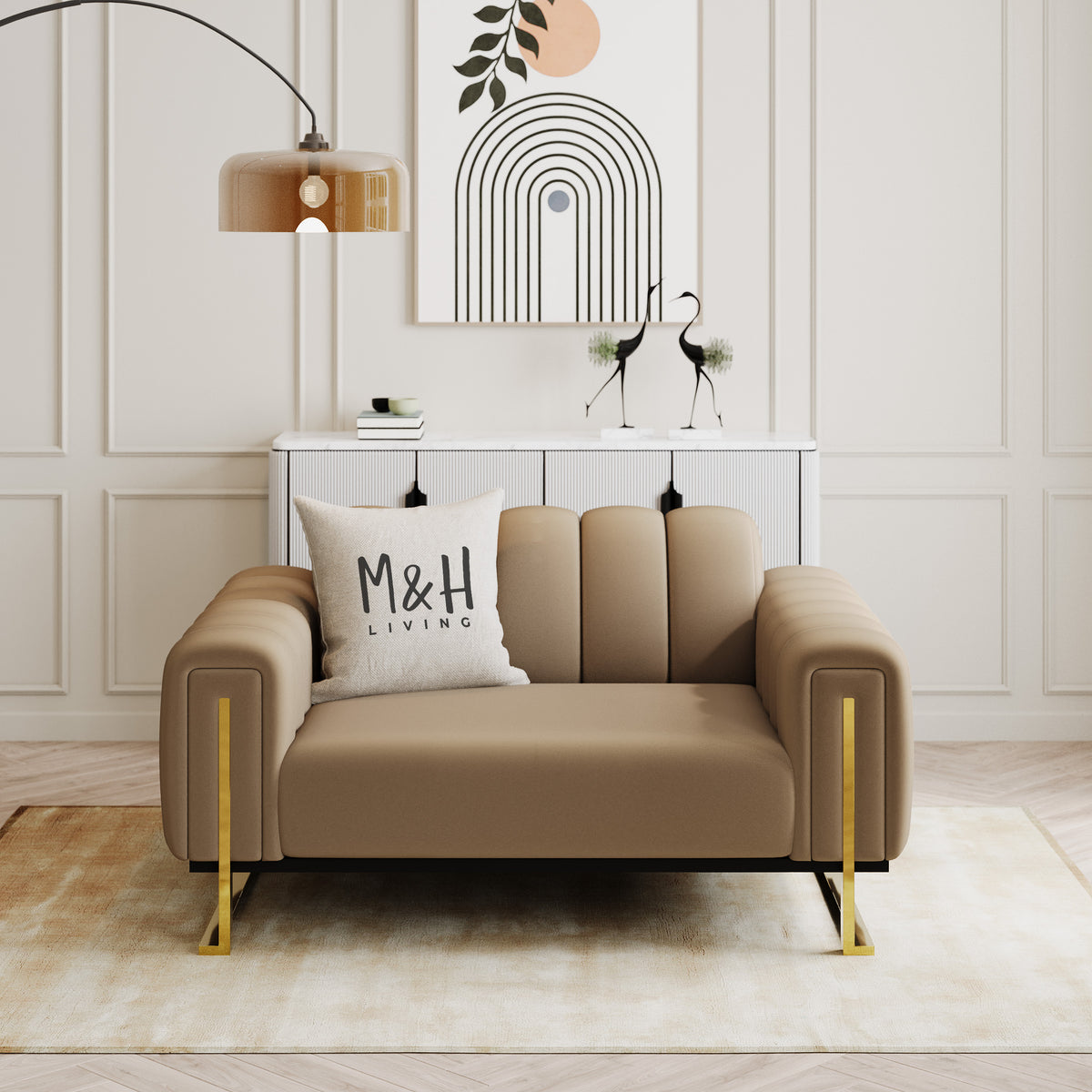 Majestic Loveseat Sofa shown in plush velvet, front view in a living room
