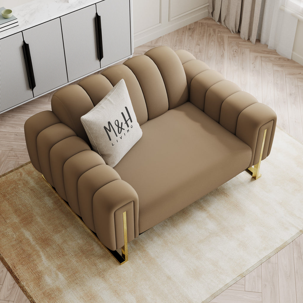 Majestic Loveseat Sofa shown in plush velvet, overhead view in a living room