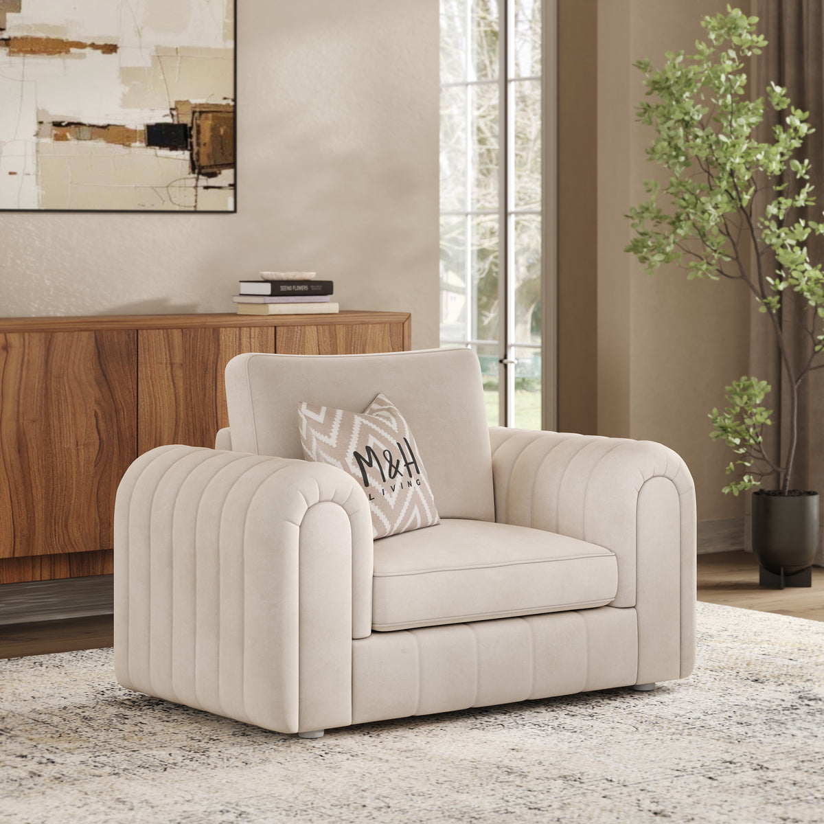 MH Lily 1 Seater Sofa shown in plush velvet, angled view in a living room