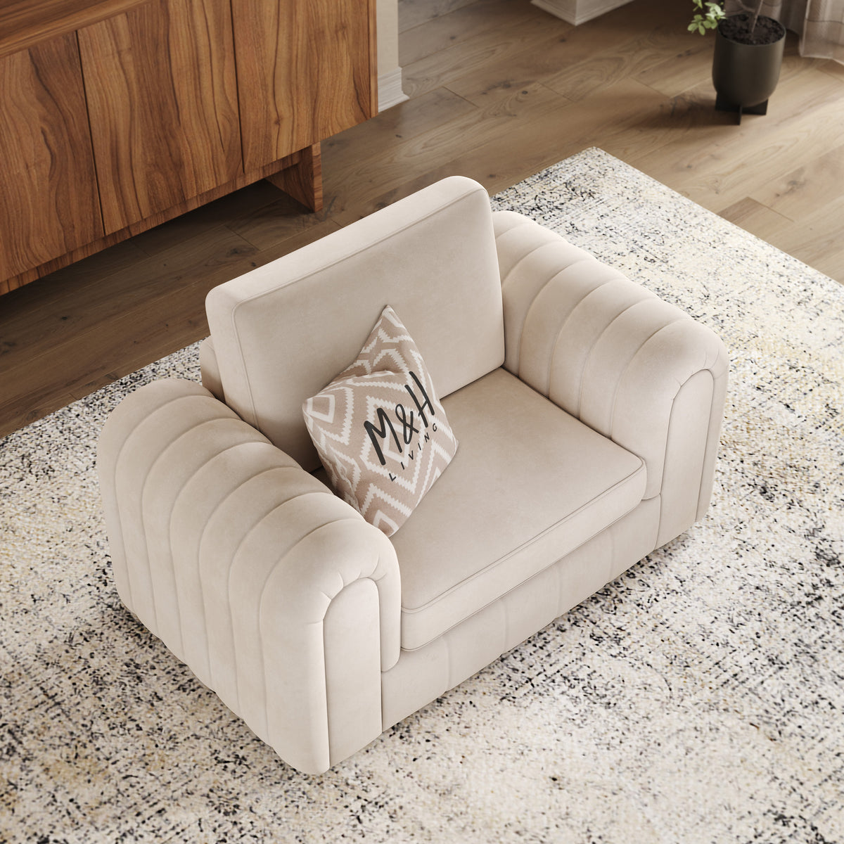 MH Lily 1 Seater Sofa shown in plush velvet, overhead view in a living room
