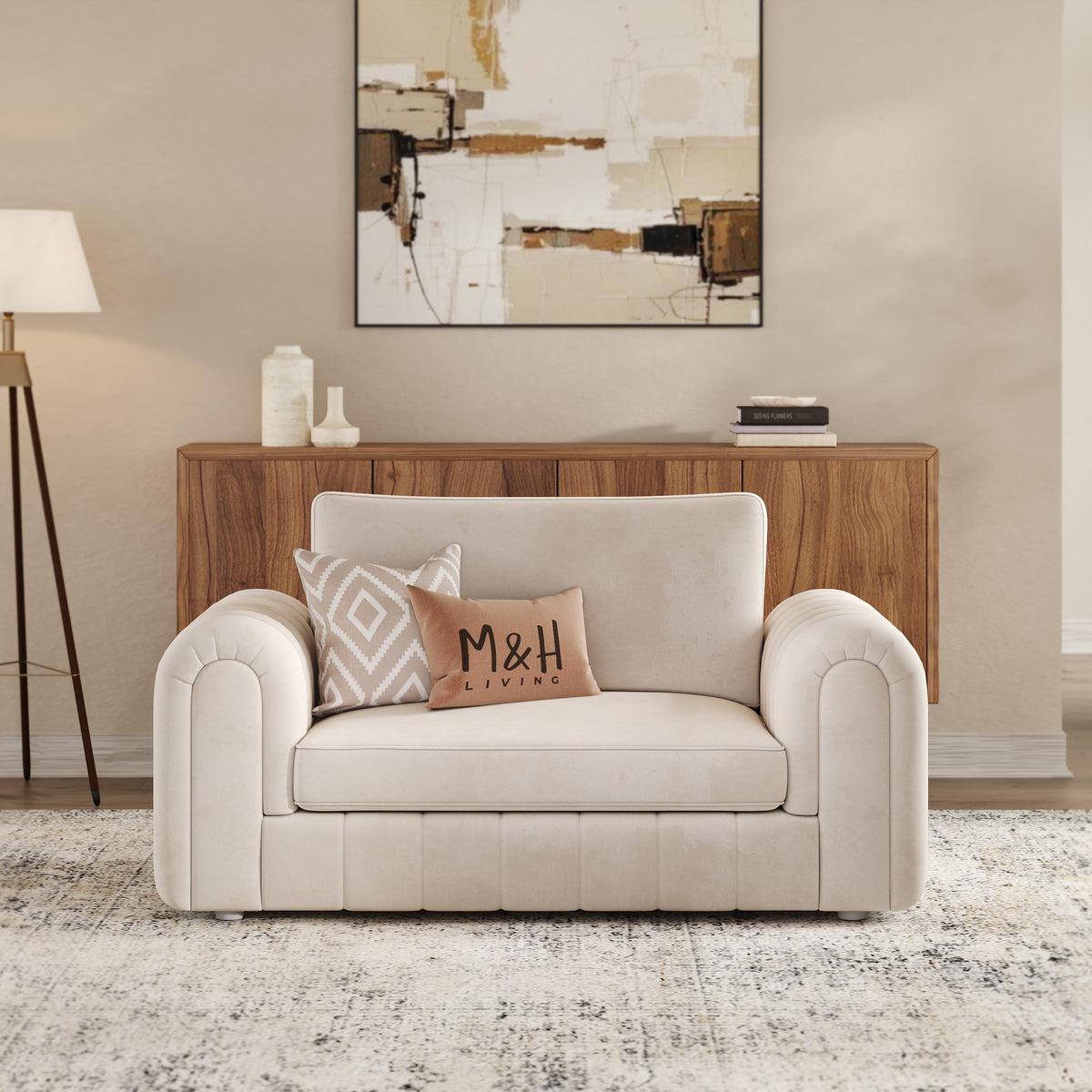 MH Lily Loveseat Sofa shown in plush velvet, front view in a living room