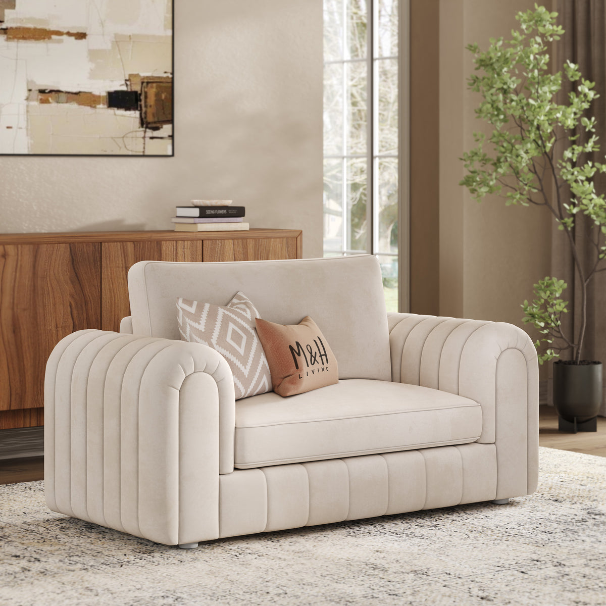MH Lily Loveseat Sofa shown in plush velvet, angled view in a living room