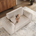 MH Lily Loveseat Sofa shown in plush velvet, overhead view in a living room
