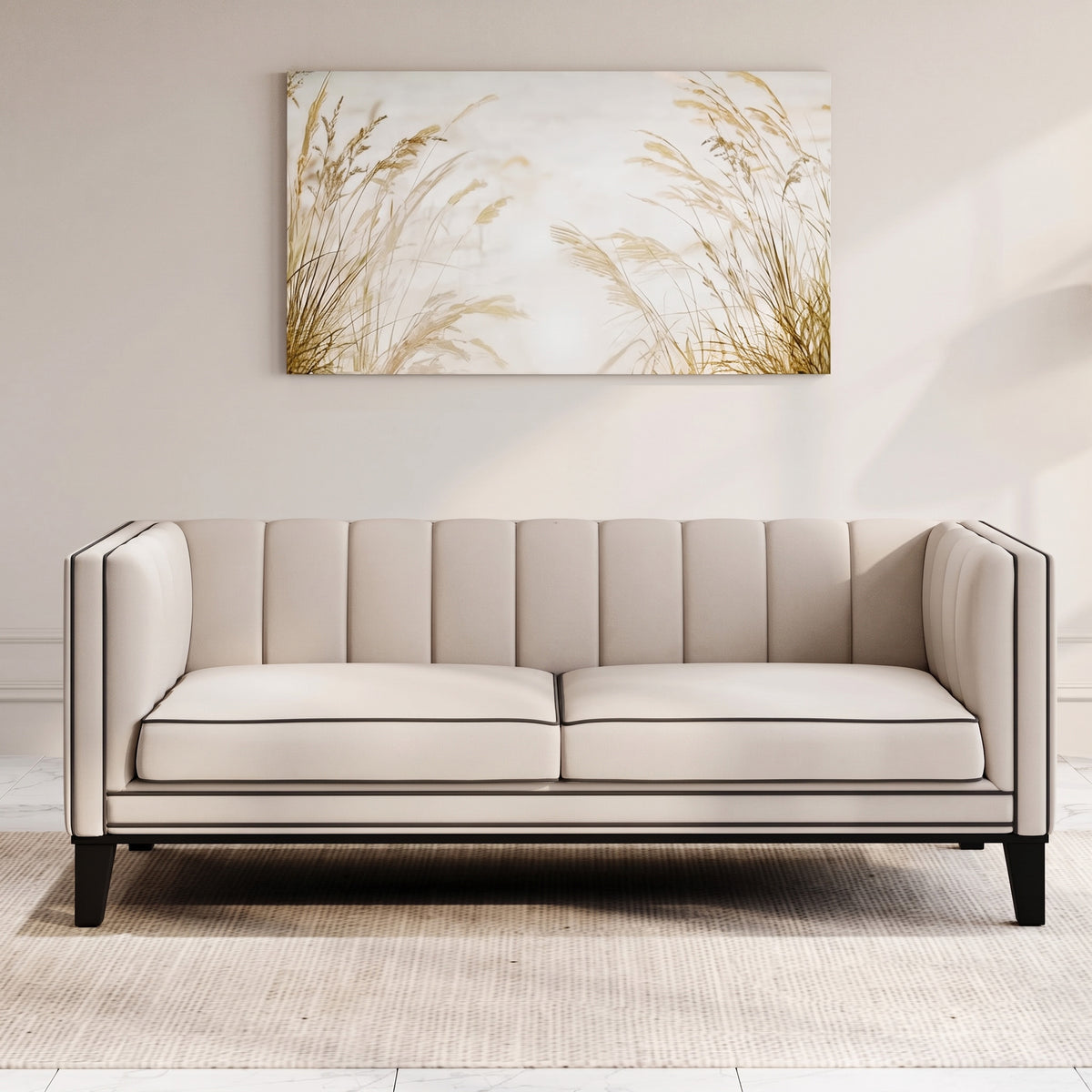 MH Luxury 2 Seater Sofa from the 3 + 2 set shown in stone, front view in a living room