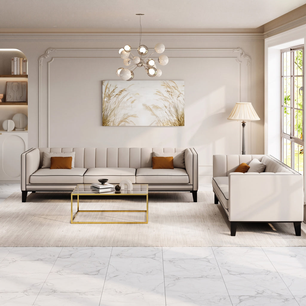 MH Luxury 3 + 2 Seaters Sofa Set shown in stone, front view in a living room