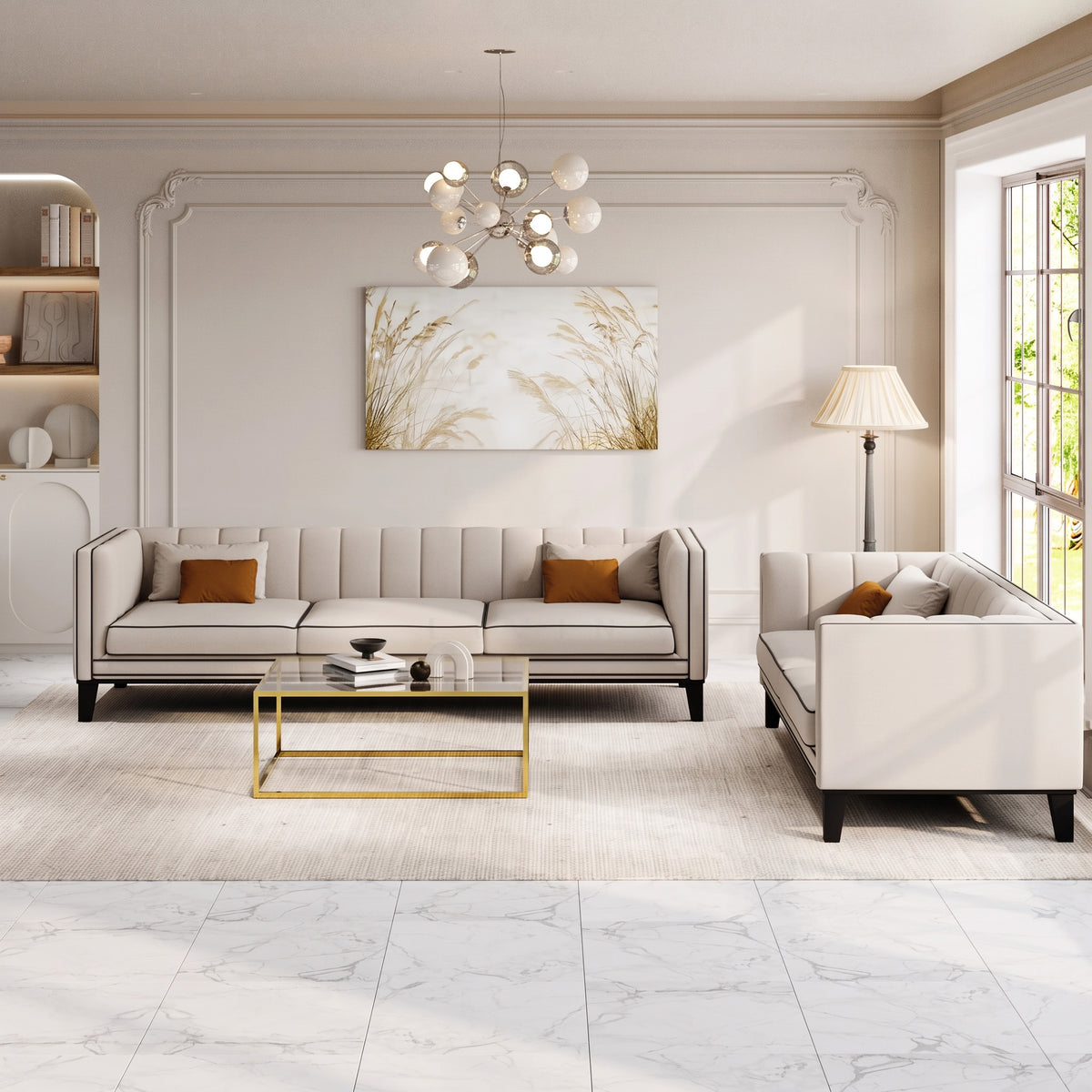 MH Luxury 3 + 2 Seaters Sofa Set shown in stone, front view in a living room