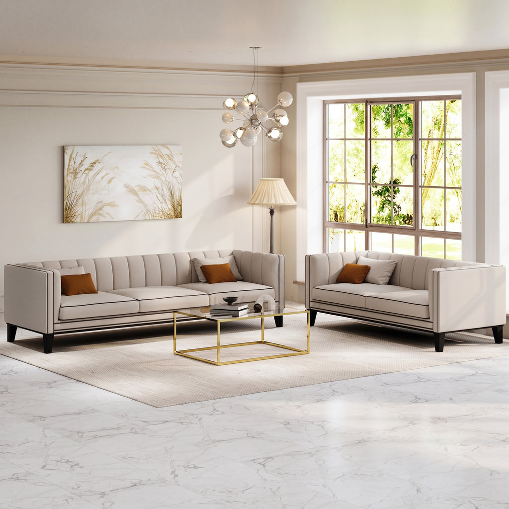 MH Luxury 3 + 2 Seaters Sofa Set shown in stone, angled view in a living room