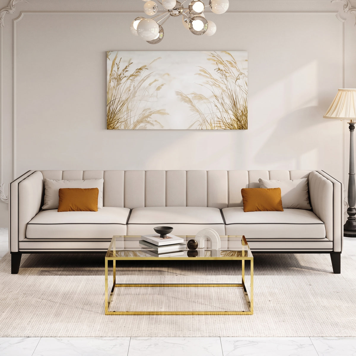 MH Luxury 3 Seater Sofa from the 3 + 2 set shown in stone, front view in a living room