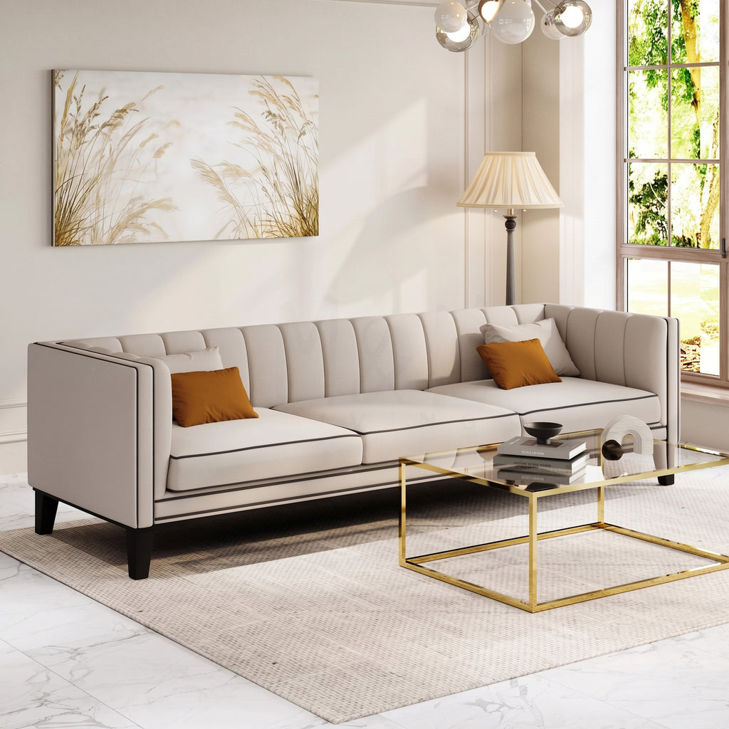 MH Luxury 3 Seater Sofa from the 3 + 2 set shown in stone, angled view in a living room