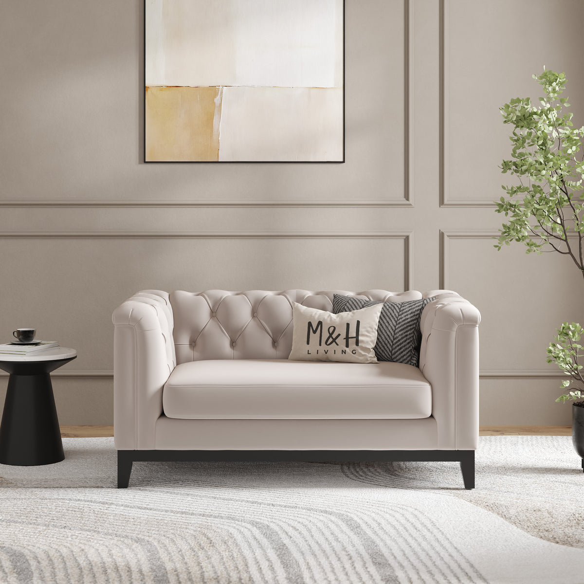 MH Luxury Chesterfield Loveseat Sofa shown in plush velvet, front view in a living room