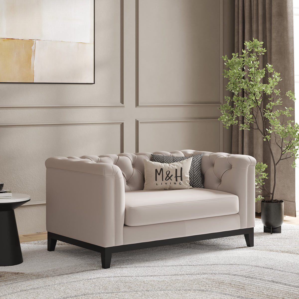 MH Luxury Chesterfield Loveseat Sofa shown in plush velvet, angled view in a living room