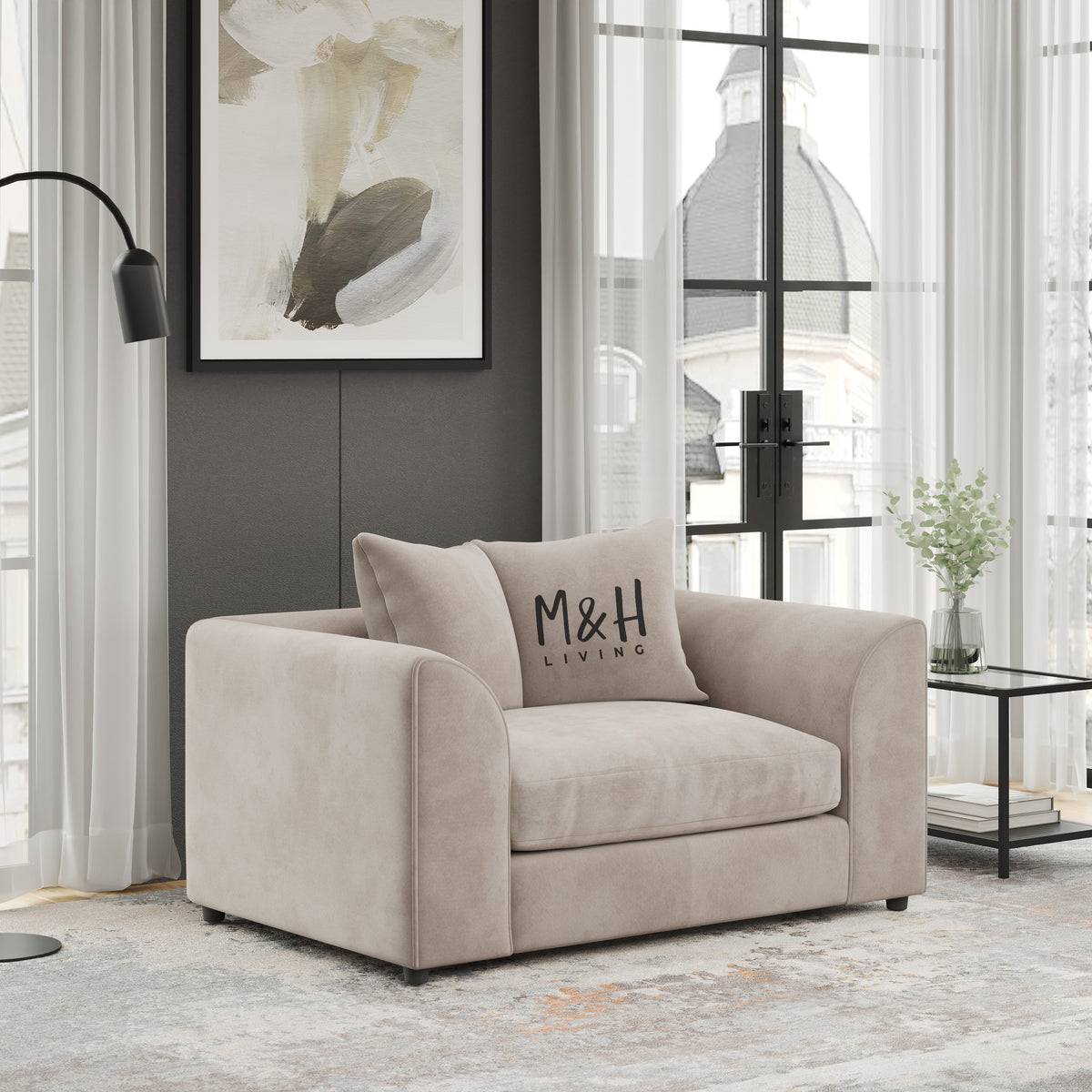 MH Somerset 1 Seater Sofa shown in plush velvet, angled view in a living room