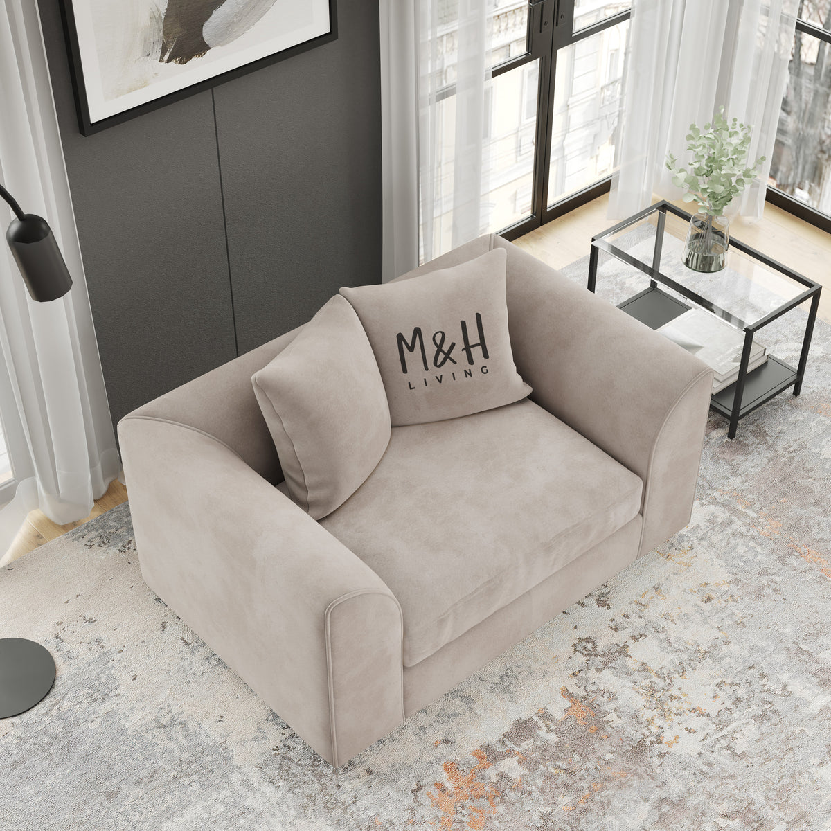MH Somerset 1 Seater Sofa shown in plush velvet, overhead view in a living room