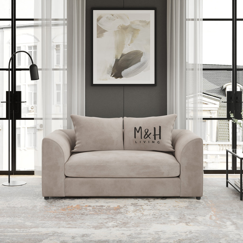 MH Somerset Loveseat Sofa shown in plush velvet, front view in a living room