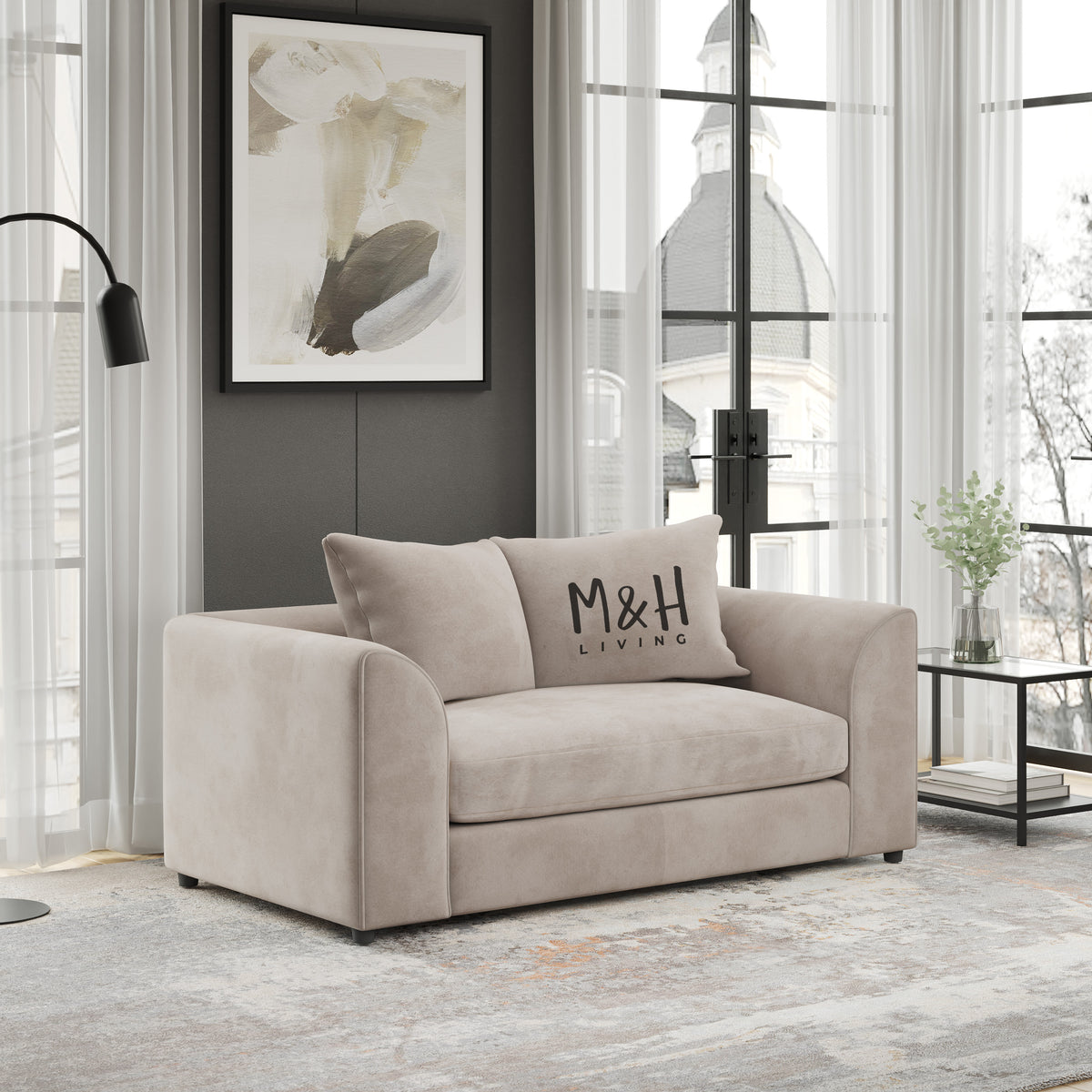 MH Somerset Loveseat Sofa shown in plush velvet, angled view in a living room