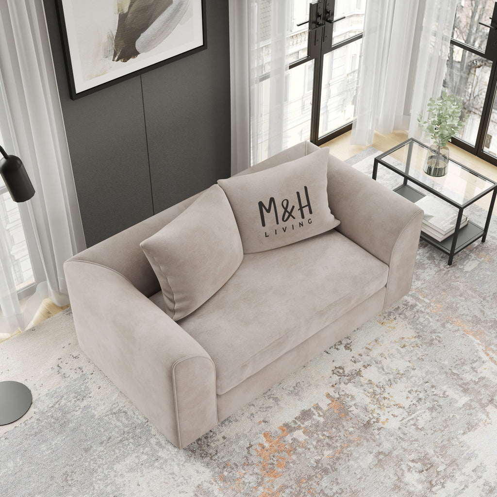 MH Somerset Loveseat Sofa shown in plush velvet, overhead view in a living room