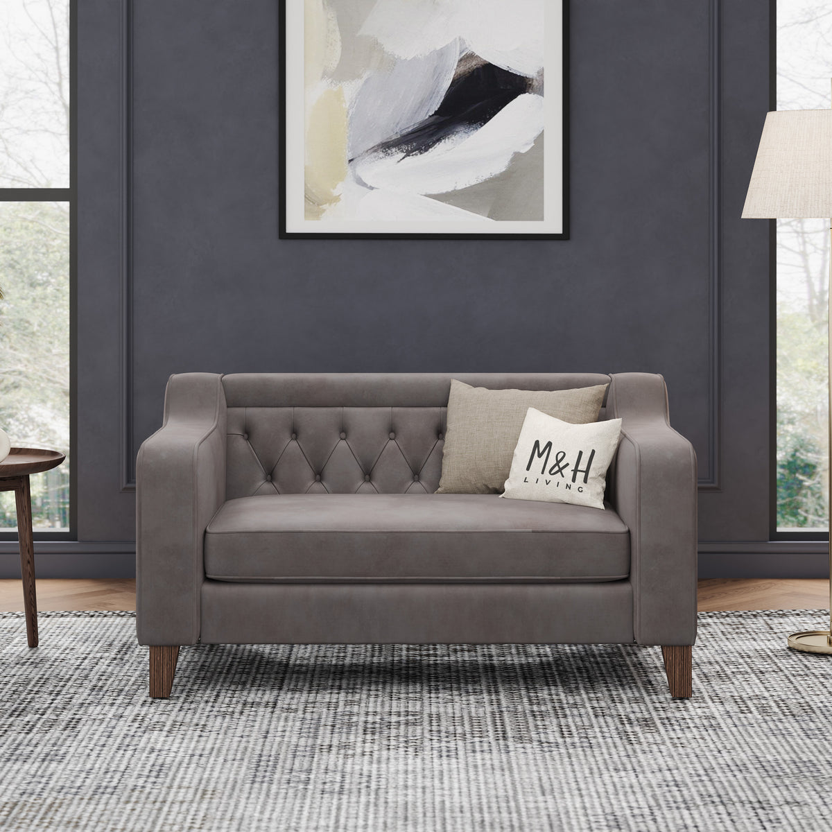 MH Theo Loveseat Sofa shown in plush velvet, front view in a living room