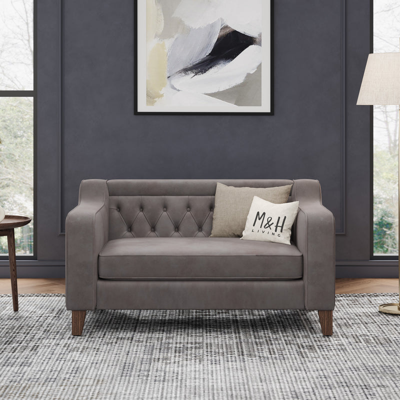MH Theo Loveseat Sofa shown in plush velvet, front view in a living room