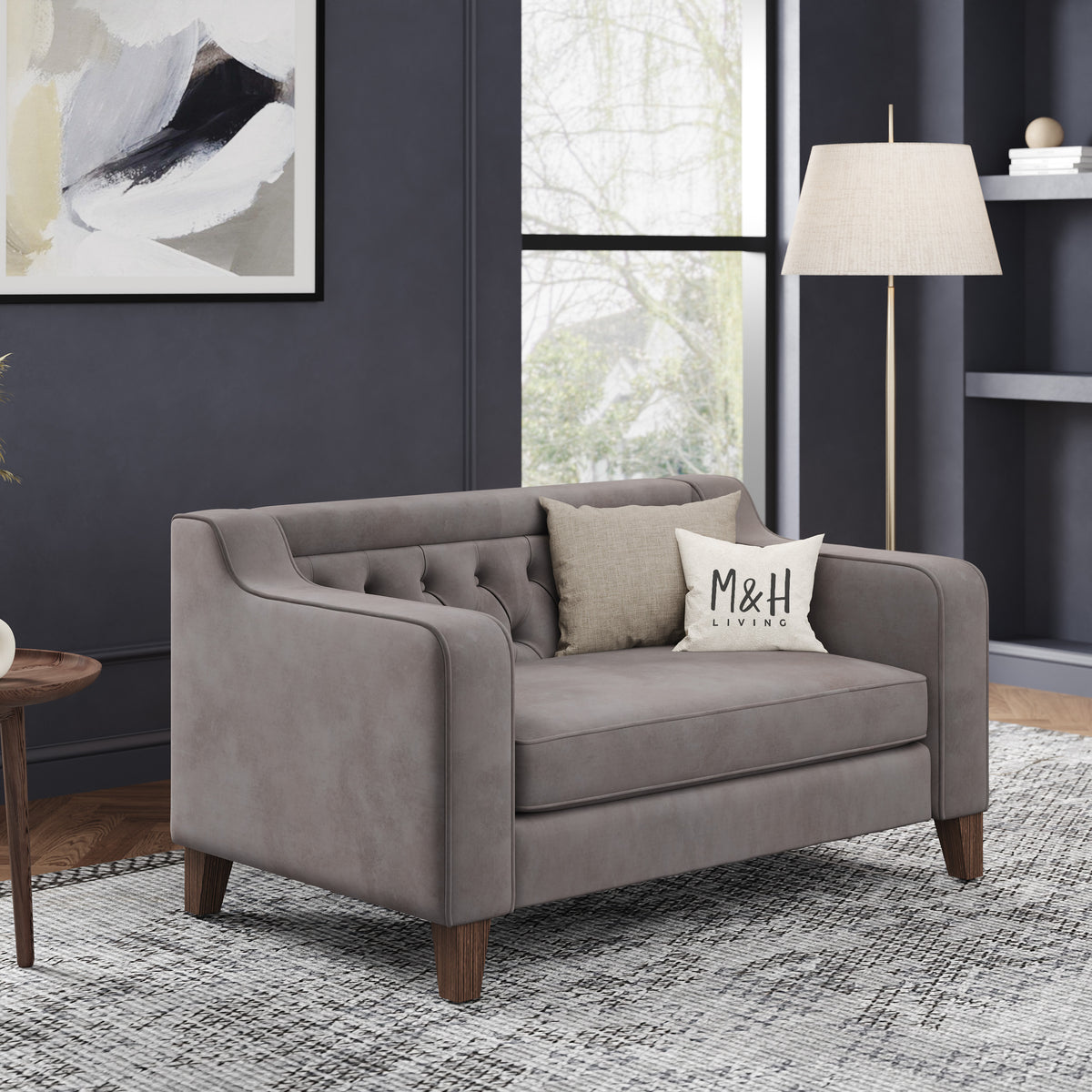 MH Theo Loveseat Sofa shown in plush velvet, angled view in a living room