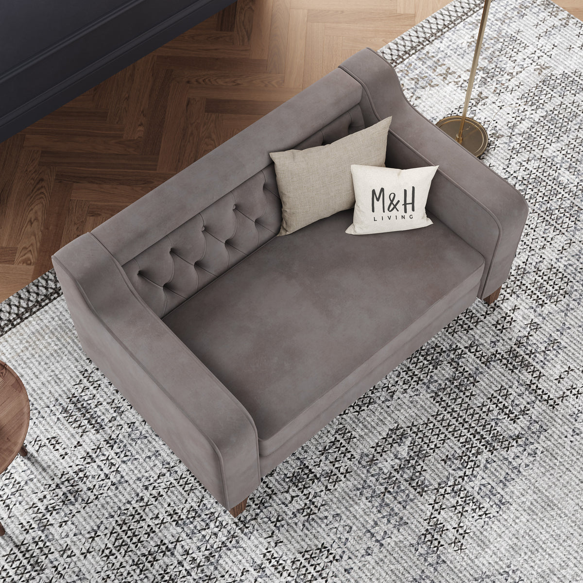 MH Theo Loveseat Sofa shown in plush velvet, overhead view in a living room
