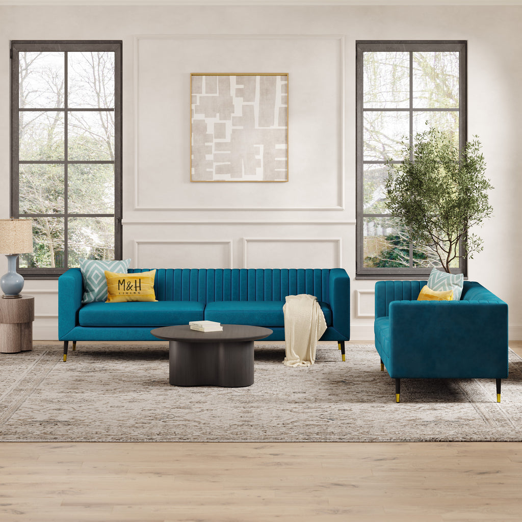 Monroe 3 + 2 Seater Sofa Set shown in plush velvet, front view in a living room