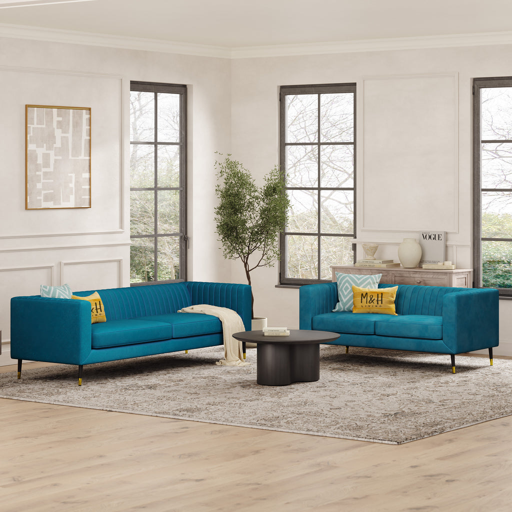 Monroe 3 + 2 Seater Sofa Set shown in plush velvet, angled view in a living room