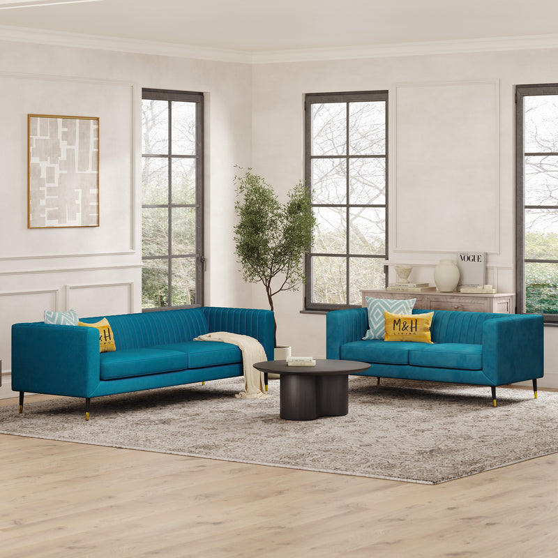 Monroe 3 + 2 Seater Sofa Set shown in plush velvet, angled view in a living room