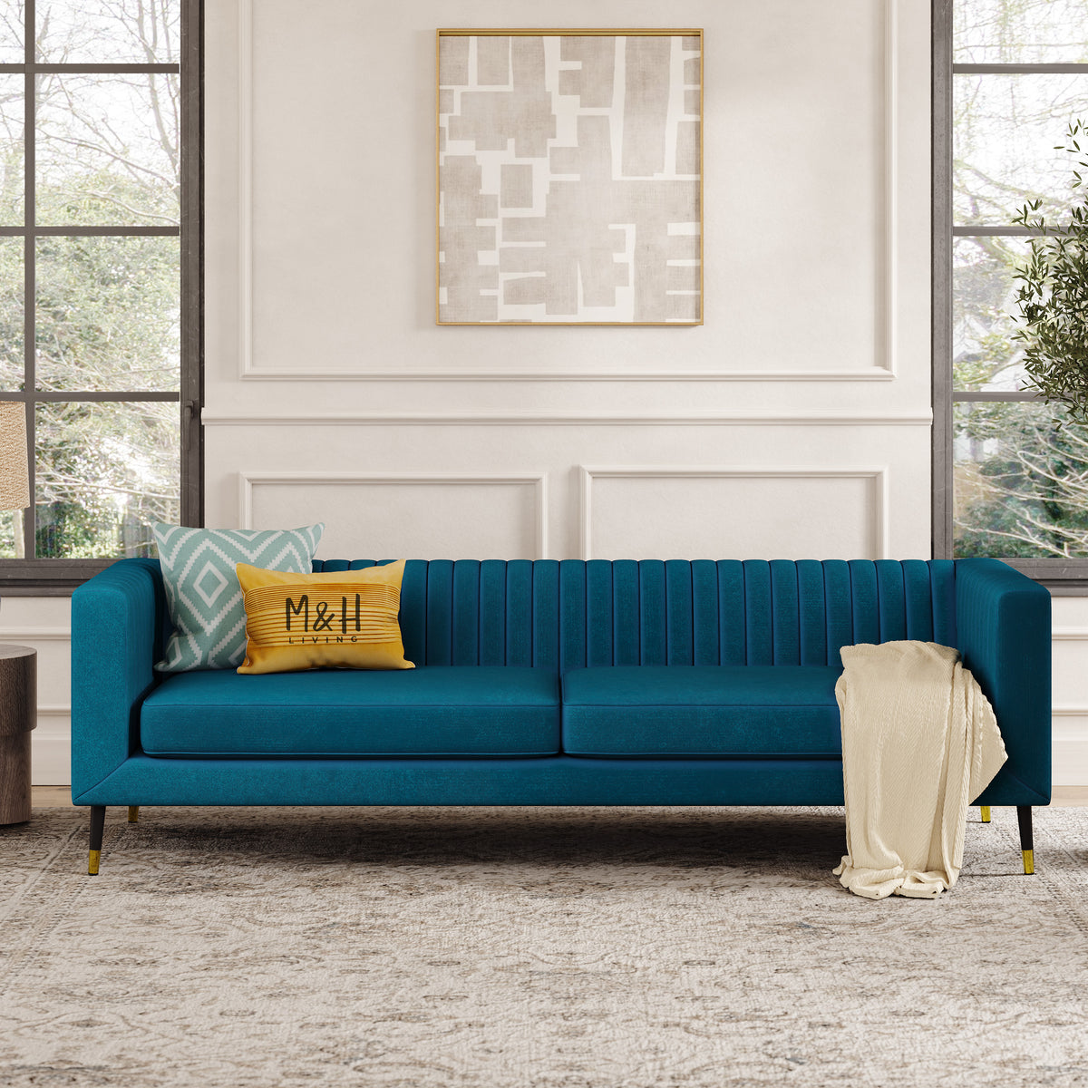 Monroe 3 + 2 Seater Sofa Set shown in plush velvet, front view in a living room