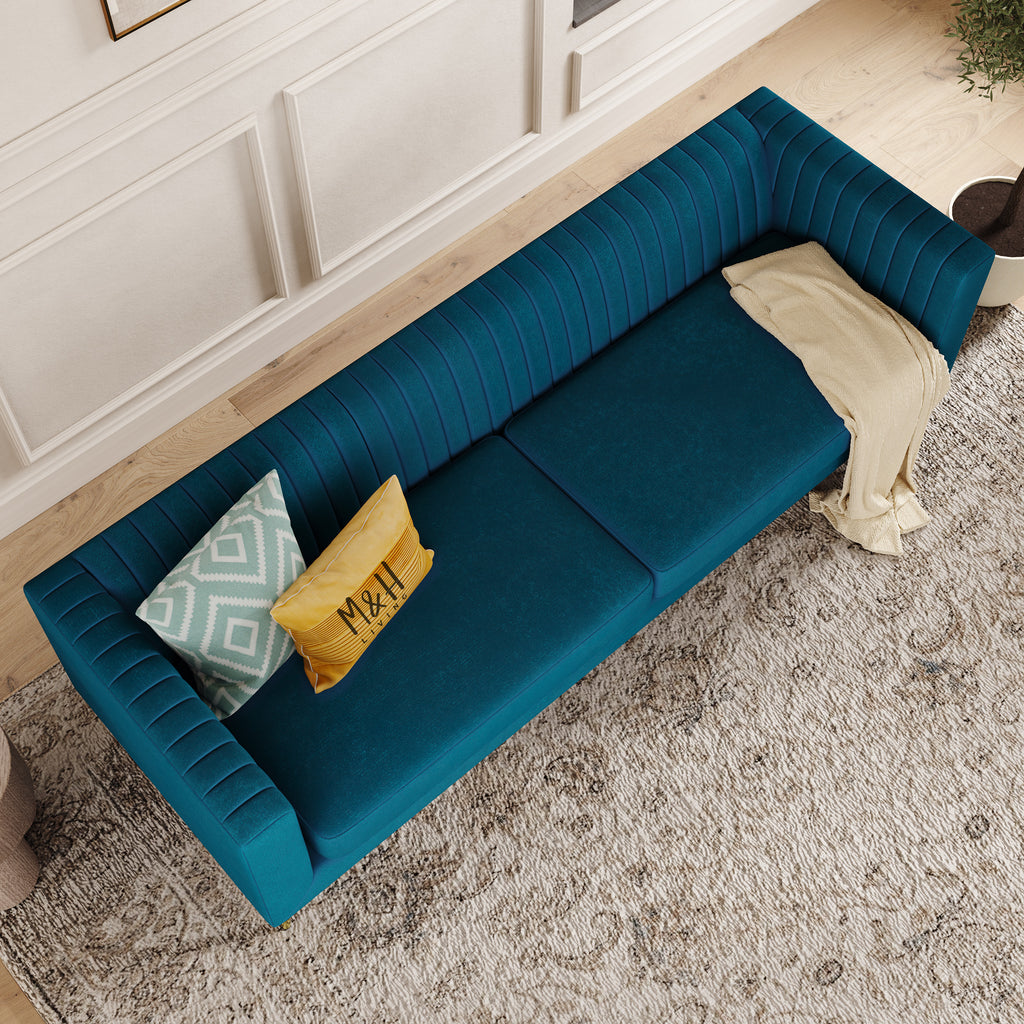 Monroe 4 Seater Sofa shown in plush velvet, overhead view in a living room