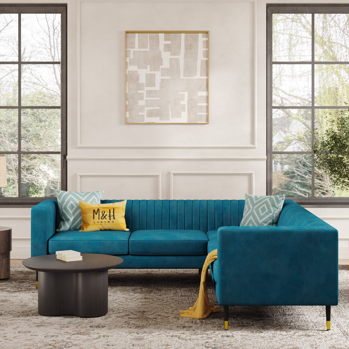 Monroe Corner Sofa shown in plush velvet, front view in a living room