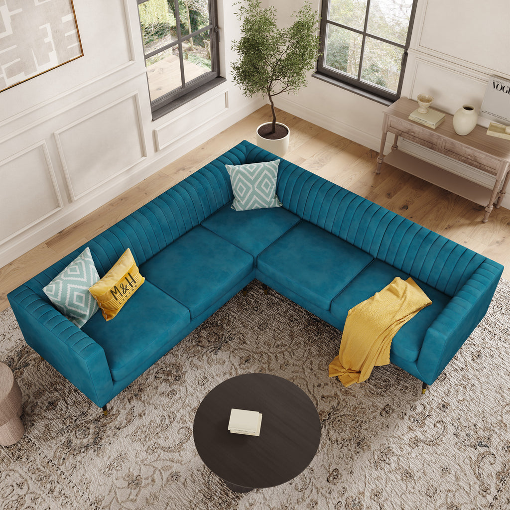 Monroe Corner Sofa shown in plush velvet, overhead view in a living room