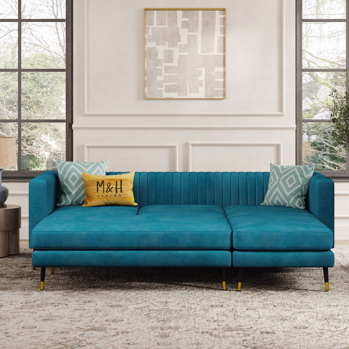 Monroe Convertible L Shape Sofa shown in plush velvet, front view in a living room
