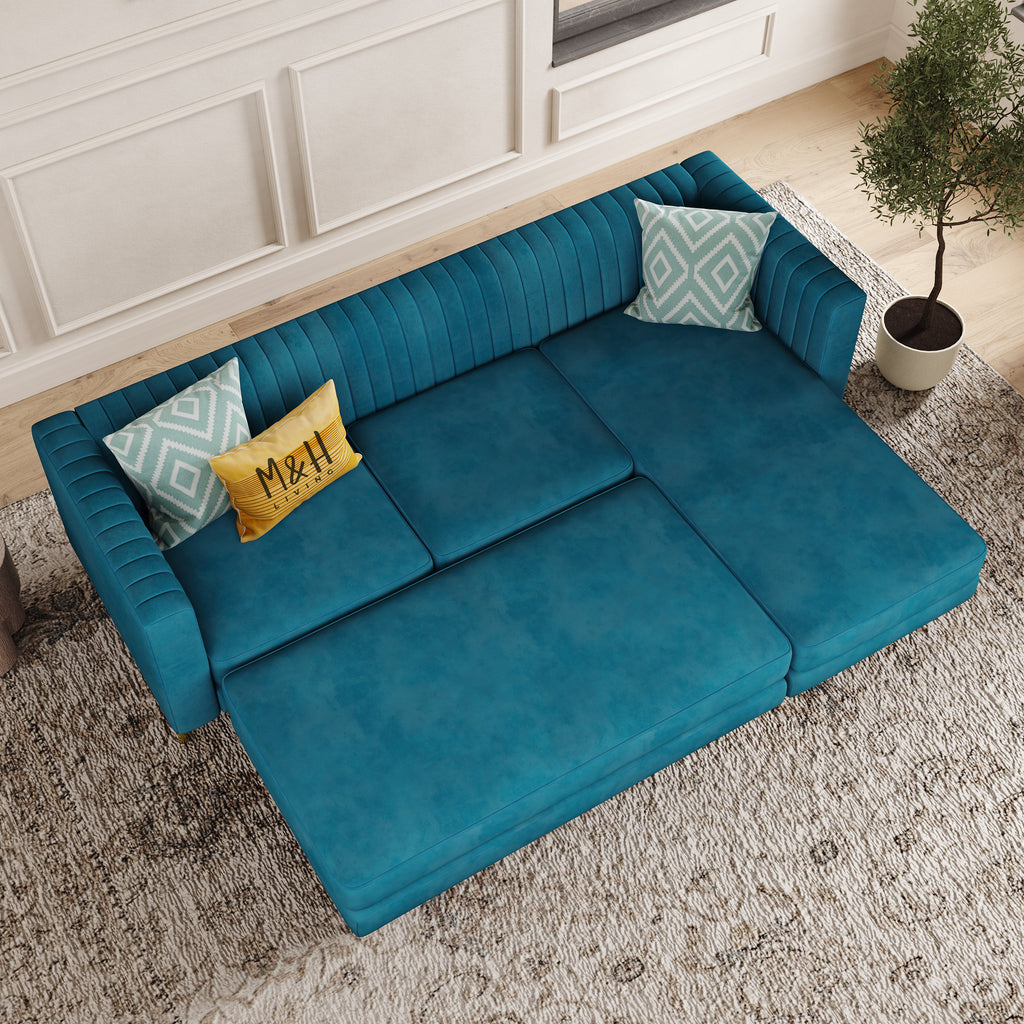 Monroe Convertible L Shape Sofa shown in plush velvet, overhead view in a living room