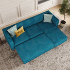 Monroe Convertible L Shape Sofa shown in plush velvet, overhead view in a living room