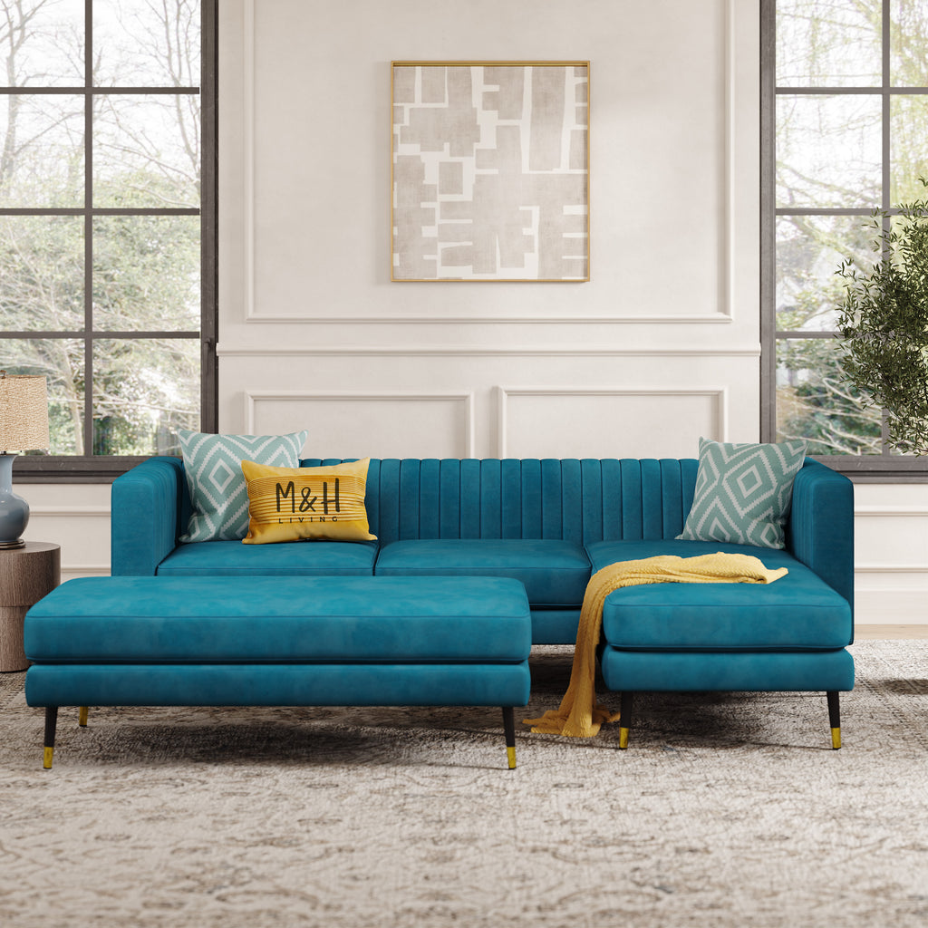 Monroe Convertible L Shape Sofa shown in plush velvet, front view in a living room
