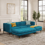 Monroe Convertible L Shape Sofa shown in plush velvet, angled view in a living room