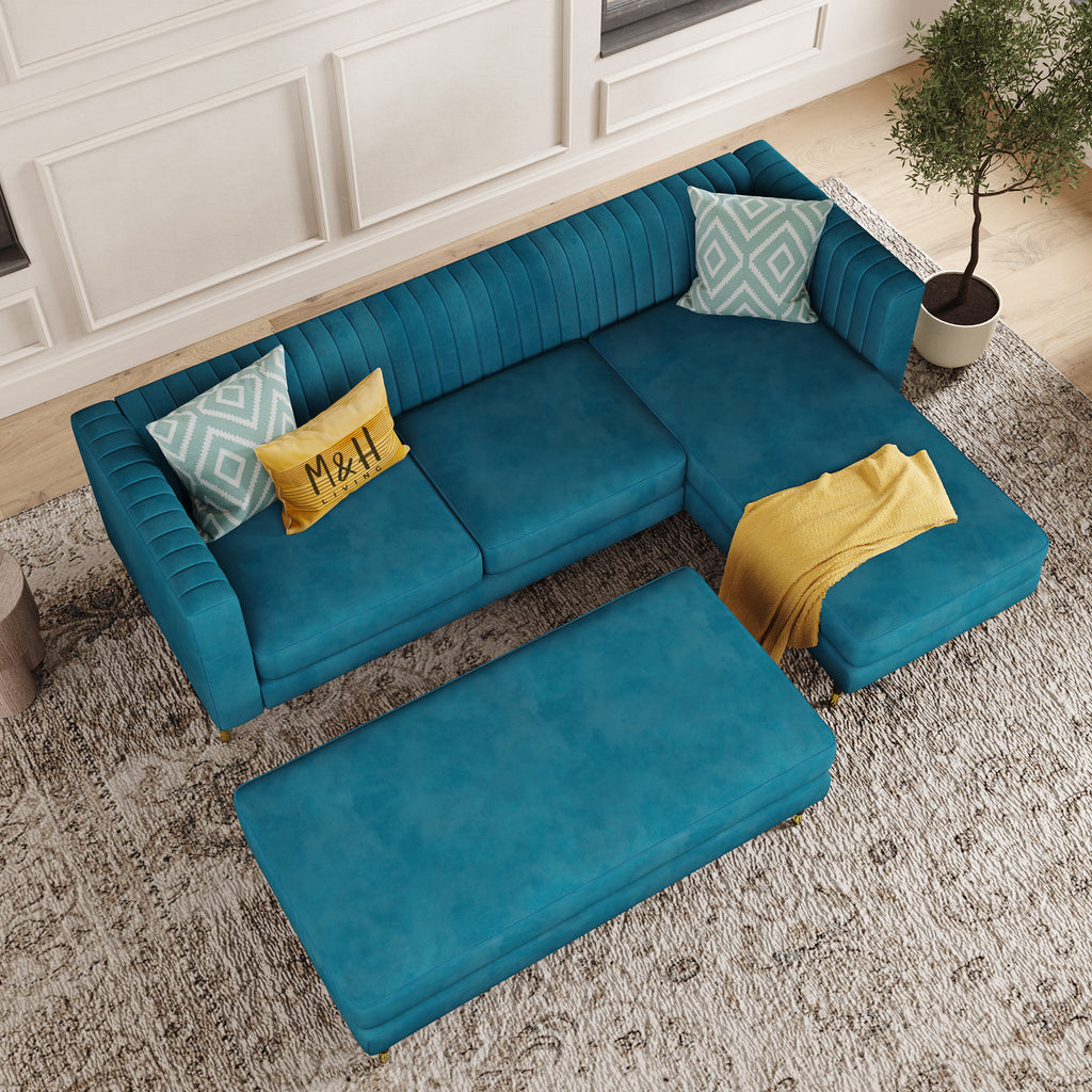 Monroe Convertible L Shape Sofa shown in plush velvet, overhead view in a living room