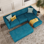 Monroe Convertible L Shape Sofa shown in plush velvet, overhead view in a living room