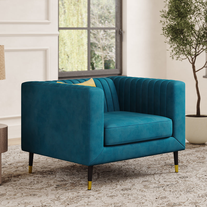 Monroe Loveseat Sofa shown in plush velvet, angled view in a living room