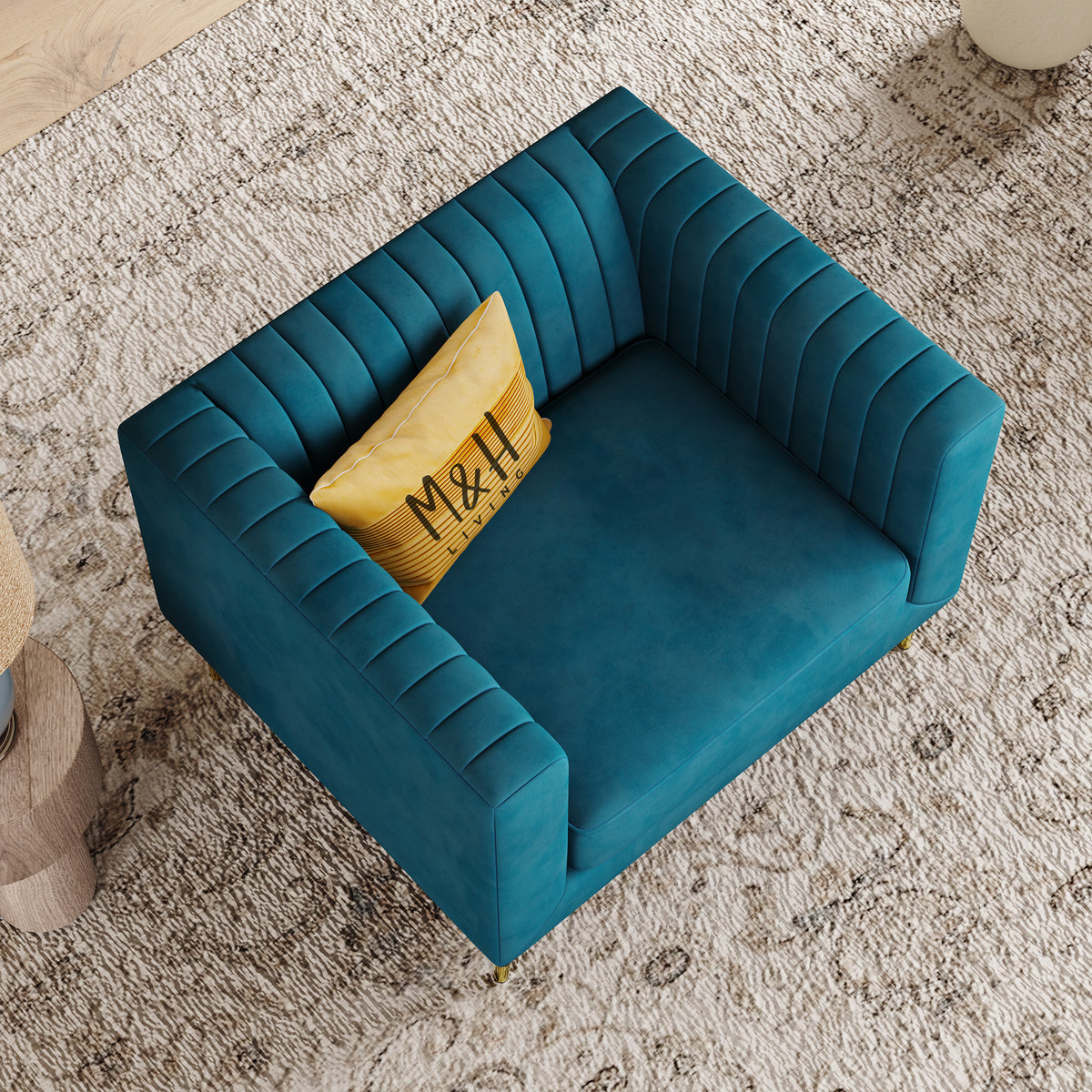Monroe Loveseat Sofa shown in plush velvet, overhead view in a living room