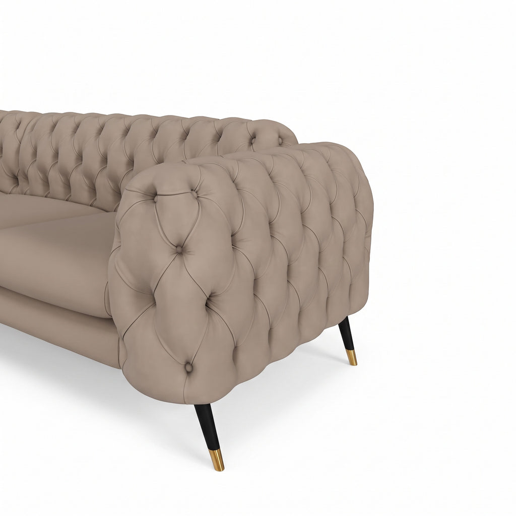 Close-up of the Oakley sofa arm and leg, shown in cream