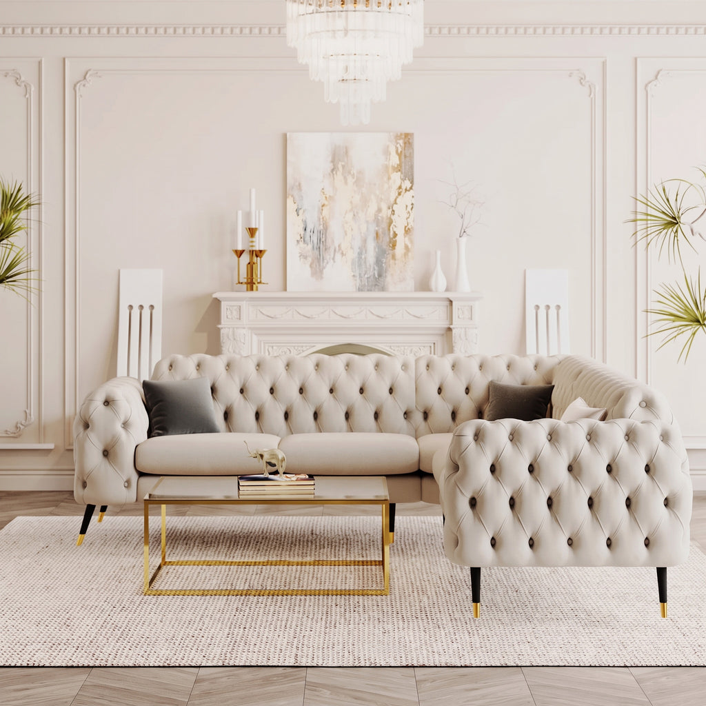 Oakley Corner Sofa shown in cream, front view in a living room